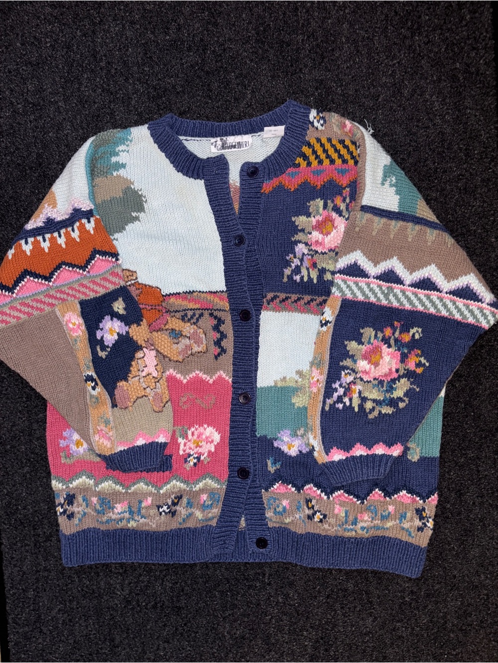 Vintage 90s Together Knit Cardigan Patchwork Sweater 2X Novelty Women’s Grandma